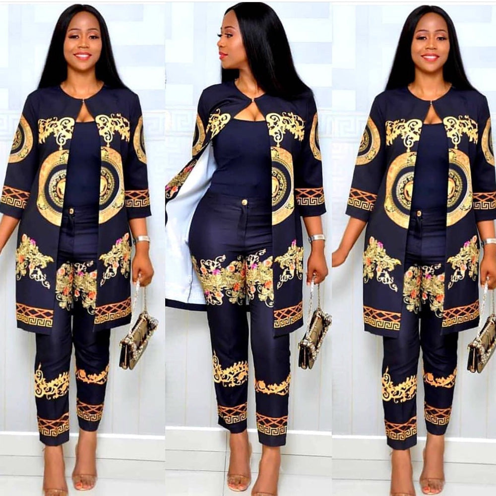 Autumn African Print Elastic Bazin Baggy Pant Rock Style 2pcs Set