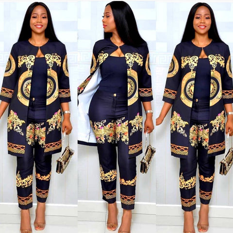 Autumn African Print Elastic Bazin Baggy Pant Rock Style 2pcs Set