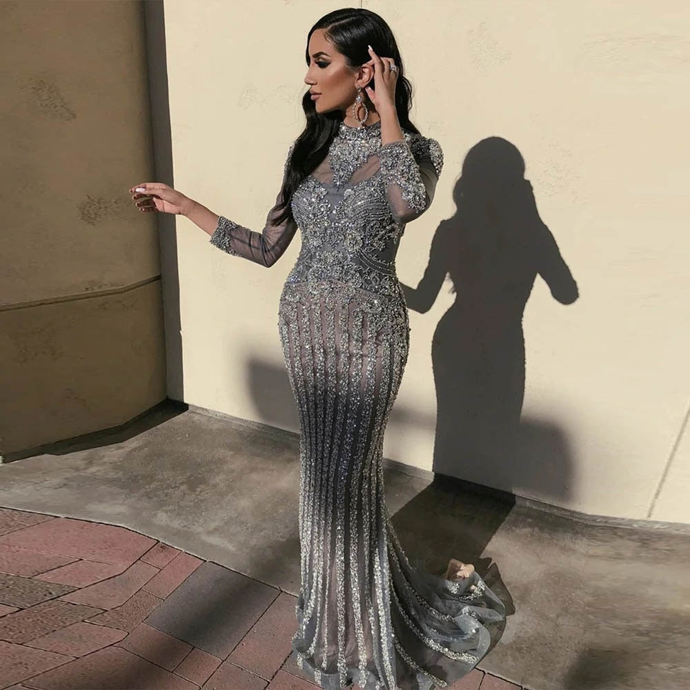 Gorgeous Dark Gray Diamonds Evening Dresses Long Sleeve