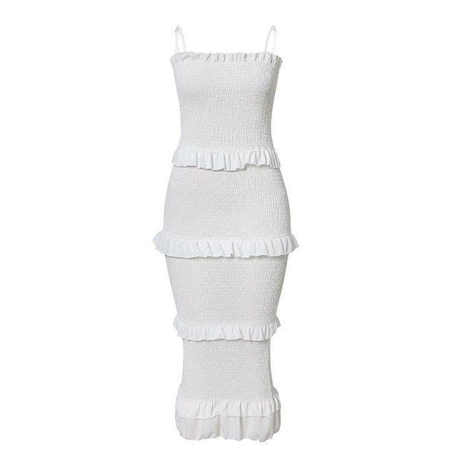 Summer Fashion Sling Long Dress Women with Ruffles