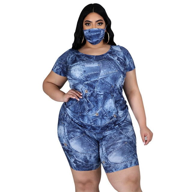 Women Top Short & face mask Sets 3 Pieces set plus size