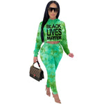 Letter Tie Dye Print Two Piece Sets for Women Long Sleeve Hoodies Crop Top