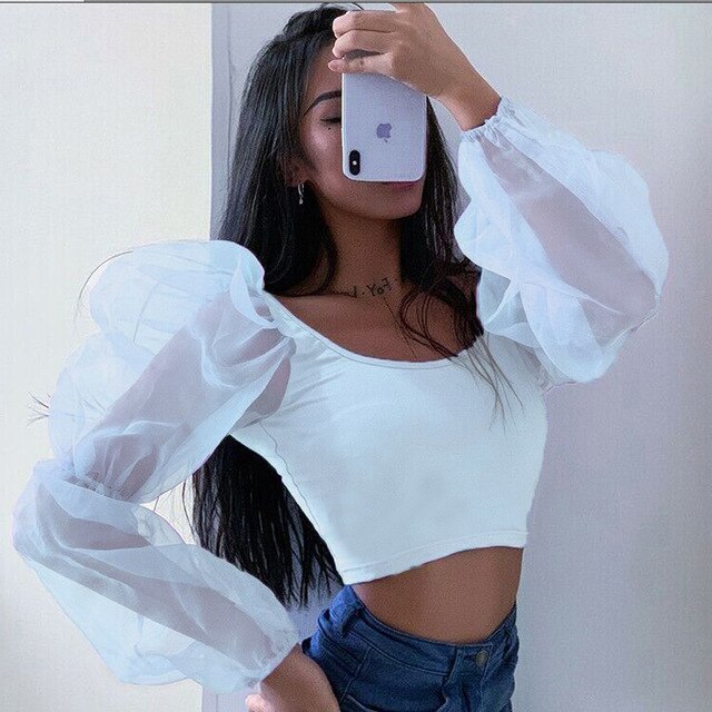 Mesh Long Sleeve Crop Tops Women Backless