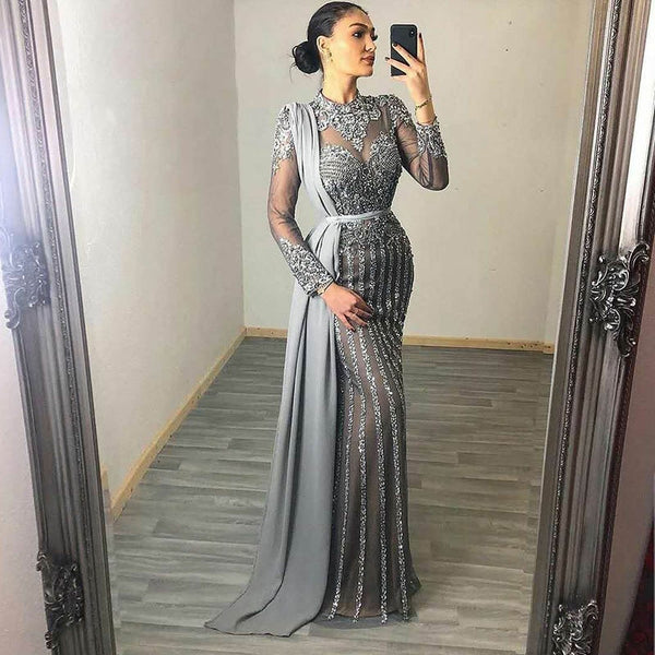 Gray Muslim Rhinestones Evening Dresses – Souad15 Boutiques