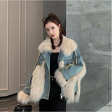 Winter Ladies Fox Fur Patchwork Denim Fur Coat Warm Jackets