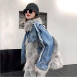 Winter Ladies Fox Fur Patchwork Denim Fur Coat Warm Jackets