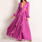 women high waist V-neck ruffles dress