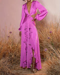 women high waist V-neck ruffles dress