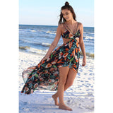 Floral Print V Neck Women Maxi Dress Lace Up Summer Irregular Backless Beach Dress